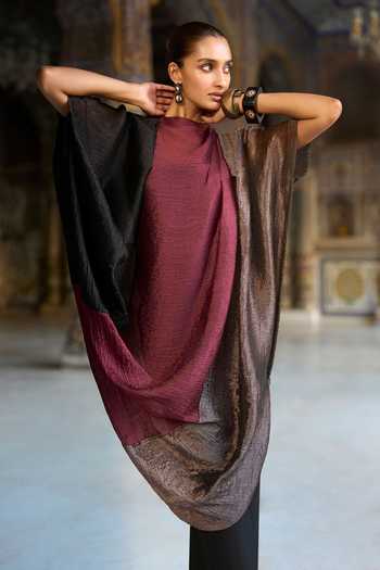 Dash And Dot_Multi Color Viscose, Polyester Cowl Draped Blocked Tunic And Straight Pant Set _at_Aza_Fashions