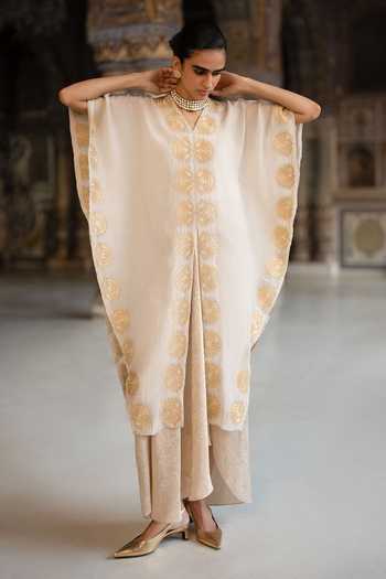 Dash And Dot Embroidered Kaftan Top & Brocade Draped Skirt Set 