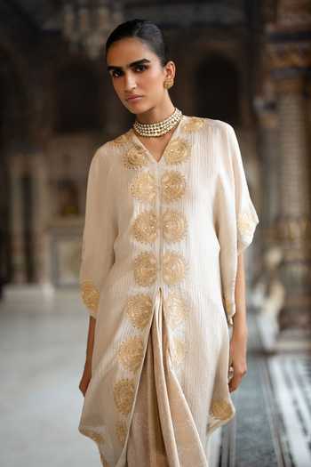 Shop Dash And Dot White Viscose, Lurex V-neck Embroidered Kaftan Top And Brocade Draped Skirt Set Online at Aza Fashions Shop_Dash And Dot_White Viscose, Lurex V-neck Embroidered Kaftan Top And Brocade Draped Skirt Set _Online_at_Aza_Fashions