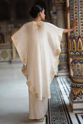 Dash And Dot Embroidered Kaftan Top & Brocade Draped Skirt Set 