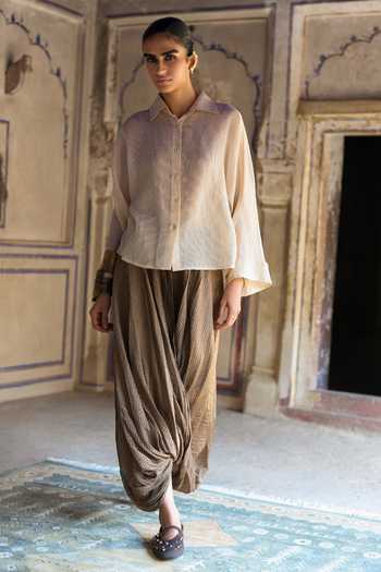 Dash And Dot Gold Silk, Cotton, Viscose, Lurex Collared Neck Banarasi Structured Shirt Online at Aza Fashions Dash And Dot_Gold Silk, Cotton, Viscose, Lurex Collared Neck Banarasi Structured Shirt _Online_at_Aza_Fashions