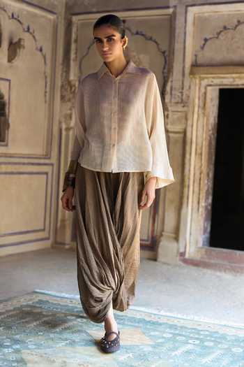 Dash And Dot_Brown Silk, Cotton, Viscose, Lurex Banarasi Cowl Draped Pant _Online_at_Aza_Fashions
