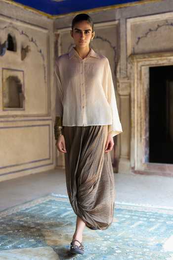 Buy_Dash And Dot_Brown Silk, Cotton, Viscose, Lurex Banarasi Cowl Draped Pant _Online_at_Aza_Fashions