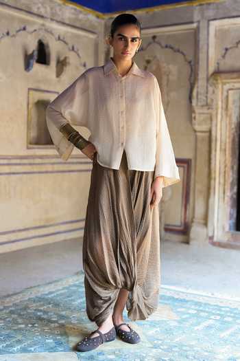 Dash And Dot_Brown Silk, Cotton, Viscose, Lurex Banarasi Cowl Draped Pant _at_Aza_Fashions