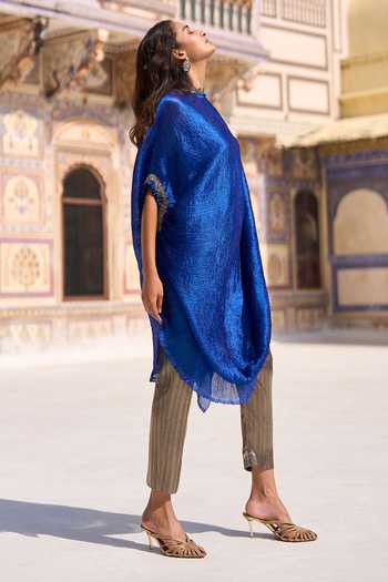 Buy Dash And Dot Blue Polyester, Lurex Cowl Neck Crushed Single Sleeve Tunic And Brocade Pant Set Online at Aza Fashions Buy_Dash And Dot_Blue Polyester, Lurex Cowl Neck Crushed Single Sleeve Tunic And Brocade Pant Set _Online_at_Aza_Fashions