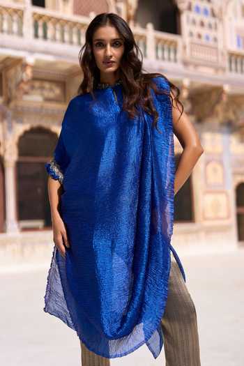 Shop Dash And Dot Blue Polyester, Lurex Cowl Neck Crushed Single Sleeve Tunic And Brocade Pant Set Online at Aza Fashions Shop_Dash And Dot_Blue Polyester, Lurex Cowl Neck Crushed Single Sleeve Tunic And Brocade Pant Set _Online_at_Aza_Fashions