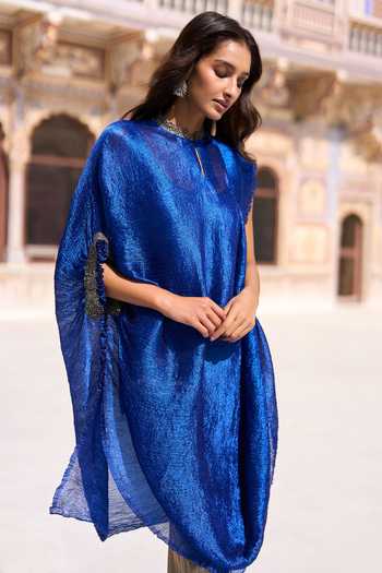 Dash And Dot Blue Polyester, Lurex Cowl Neck Crushed Single Sleeve Tunic And Brocade Pant Set at Aza Fashions Dash And Dot_Blue Polyester, Lurex Cowl Neck Crushed Single Sleeve Tunic And Brocade Pant Set _at_Aza_Fashions