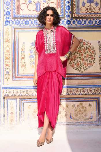 Buy_Dash And Dot_Magenta Viscose, Nylon Mandarin Collar Mirror Work Crushed Top _Online_at_Aza_Fashions
