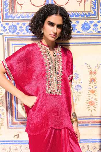 Shop_Dash And Dot_Magenta Viscose, Nylon Mandarin Collar Mirror Work Crushed Top _Online_at_Aza_Fashions