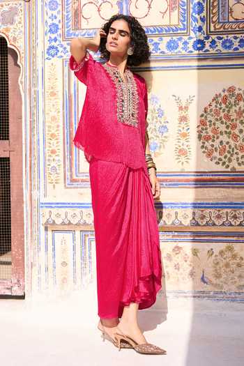 Dash And Dot_Magenta Viscose, Nylon Mandarin Collar Mirror Work Crushed Top _at_Aza_Fashions