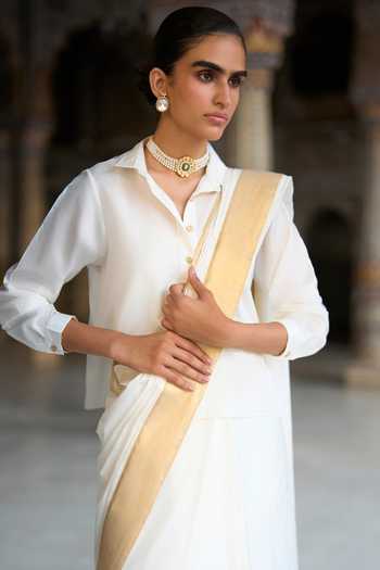 Shop Dash And Dot Ivory Viscose, Nylon Button-down Neck Down Shirt Online at Aza Fashions Shop_Dash And Dot_Ivory Viscose, Nylon Button-down Neck Down Shirt _Online_at_Aza_Fashions