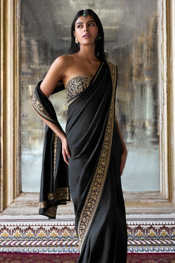 Dash And Dot Black Viscose, Nylon Embroidery, Zari, Metallic Thread Bandeau Neck Bralette Online at Aza Fashions Dash And Dot_Black Viscose, Nylon Embroidery, Zari, Metallic Thread Bandeau Neck Bralette _Online_at_Aza_Fashions