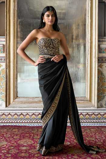Dash And Dot Black Viscose, Nylon Embroidery, Zari, Metallic Thread Bandeau Neck Bralette at Aza Fashions Dash And Dot_Black Viscose, Nylon Embroidery, Zari, Metallic Thread Bandeau Neck Bralette _at_Aza_Fashions