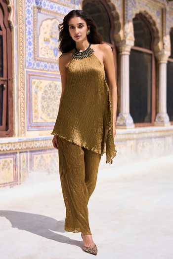 Dash And Dot Gold Viscose, Nylon Halter , Choker Tribal Top Online at Aza Fashions Dash And Dot_Gold Viscose, Nylon Halter , Choker Tribal Top _Online_at_Aza_Fashions