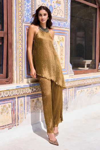 Dash And Dot Gold Viscose, Nylon Halter , Choker Tribal Top at Aza Fashions Dash And Dot_Gold Viscose, Nylon Halter , Choker Tribal Top _at_Aza_Fashions