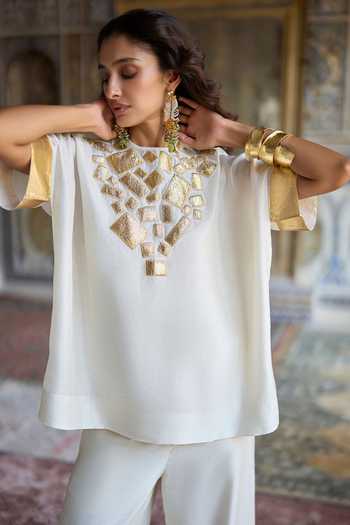 Dash And Dot_Gold Viscose Round Neck Gota Applique Boxy Top And Straight Pant Set _Online_at_Aza_Fashions
