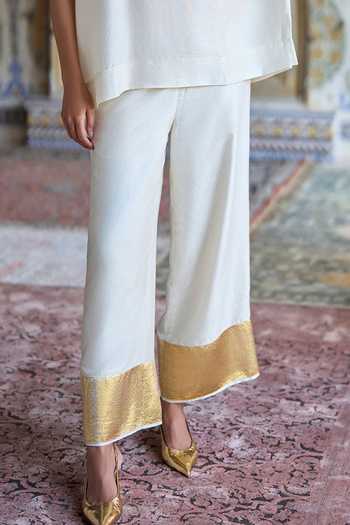 Buy_Dash And Dot_Gold Viscose Round Neck Gota Applique Boxy Top And Straight Pant Set _Online_at_Aza_Fashions