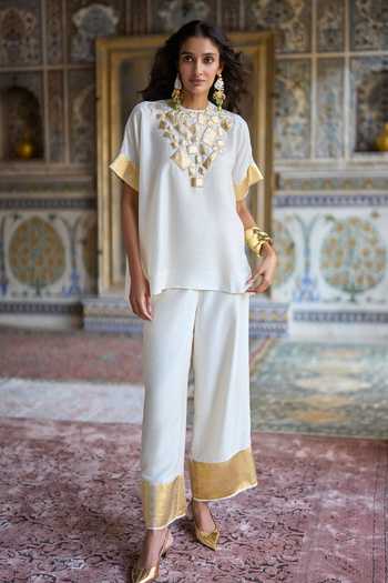 Shop_Dash And Dot_Gold Viscose Round Neck Gota Applique Boxy Top And Straight Pant Set _Online_at_Aza_Fashions