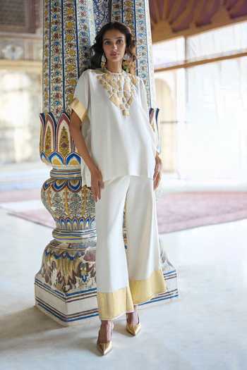 Dash And Dot_Gold Viscose Round Neck Gota Applique Boxy Top And Straight Pant Set _at_Aza_Fashions