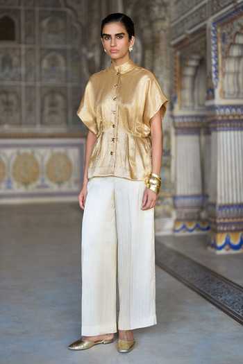 Buy Dash And Dot Gold Viscose, Polyester, Lurex Brocade Structured Top And Straight Pant Set Online at Aza Fashions Buy_Dash And Dot_Gold Viscose, Polyester, Lurex Brocade Structured Top And Straight Pant Set _Online_at_Aza_Fashions