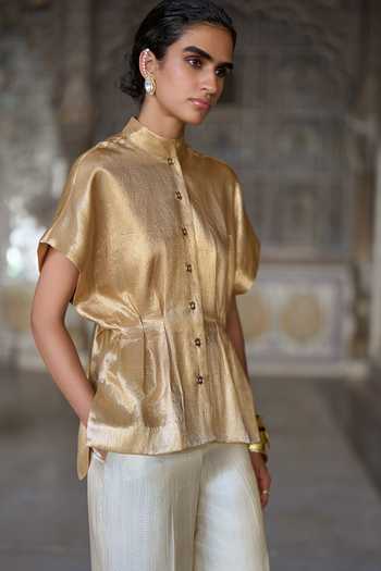 Shop Dash And Dot Gold Viscose, Polyester, Lurex Brocade Structured Top And Straight Pant Set Online at Aza Fashions Shop_Dash And Dot_Gold Viscose, Polyester, Lurex Brocade Structured Top And Straight Pant Set _Online_at_Aza_Fashions