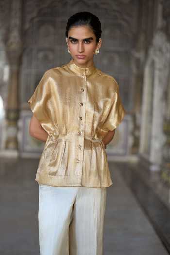 Dash And Dot Gold Viscose, Polyester, Lurex Brocade Structured Top And Straight Pant Set at Aza Fashions Dash And Dot_Gold Viscose, Polyester, Lurex Brocade Structured Top And Straight Pant Set _at_Aza_Fashions