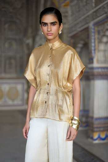 Buy Dash And Dot Gold Viscose, Polyester, Lurex Brocade Structured Top And Straight Pant Set Buy_Dash And Dot_Gold Viscose, Polyester, Lurex Brocade Structured Top And Straight Pant Set