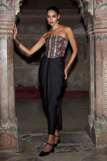 Dash And Dot Multi Color Polyester Bandeau Neck Ornamental Stripes Corset Top at Aza Fashions Dash And Dot_Multi Color Polyester Bandeau Neck Ornamental Stripes Corset Top _at_Aza_Fashions