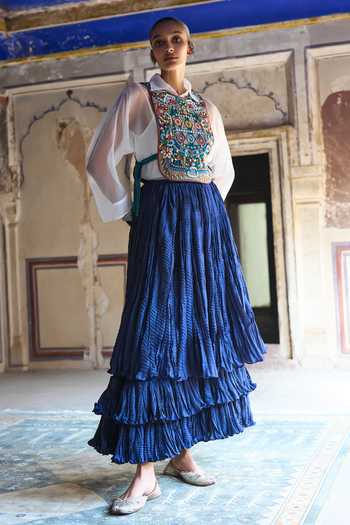 Shop Dash And Dot Navy Viscose, Nylon Cascading Tiered Crushed Maxi Skirt Online at Aza Fashions Shop_Dash And Dot_Navy Viscose, Nylon Cascading Tiered Crushed Maxi Skirt _Online_at_Aza_Fashions
