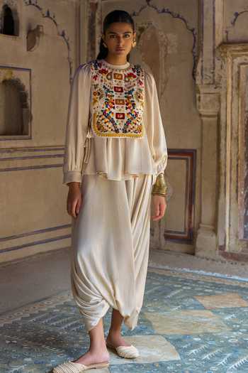 Dash And Dot Ivory Viscose Round Neck Embroidered Bib Top Online at Aza Fashions Dash And Dot_Ivory Viscose Round Neck Embroidered Bib Top _Online_at_Aza_Fashions
