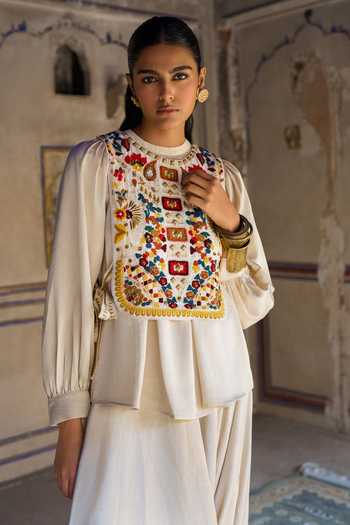 Buy Dash And Dot Ivory Viscose Round Neck Embroidered Bib Top Buy_Dash And Dot_Ivory Viscose Round Neck Embroidered Bib Top