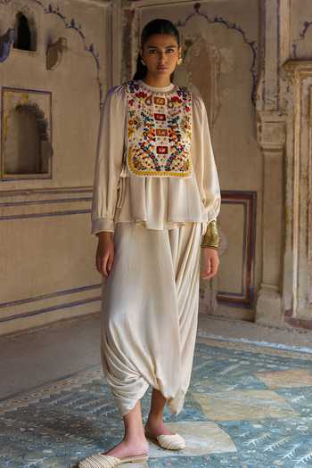 Buy_Dash And Dot_Ivory Polyester Round Neck Embroidered Bib And Cowl Draped Pant Set _Online_at_Aza_Fashions