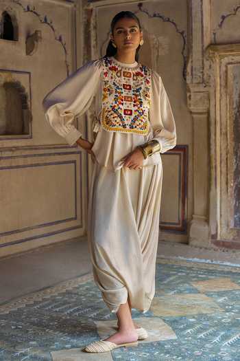 Dash And Dot Embroidered Bib & Cowl Draped Pant Set 