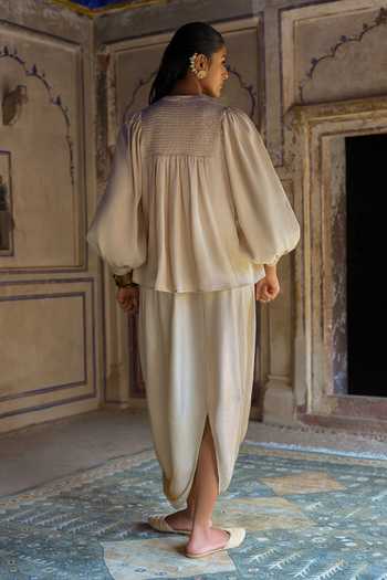 Buy_Dash And Dot_Ivory Polyester Round Neck Embroidered Bib And Cowl Draped Pant Set 