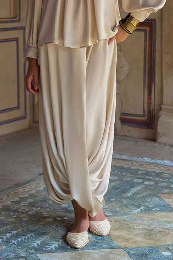 Shop Dash And Dot White Polyester Round Neck Smocked Top And Cowl Draped Pant Set Online at Aza Fashions Shop_Dash And Dot_White Polyester Round Neck Smocked Top And Cowl Draped Pant Set _Online_at_Aza_Fashions