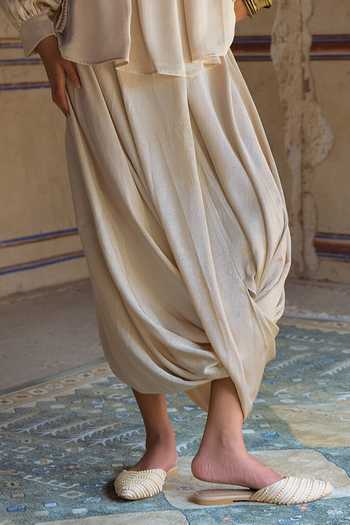 Dash And Dot Off White Polyester Textured Cowl Draped Pant Online at Aza Fashions Dash And Dot_Off White Polyester Textured Cowl Draped Pant _Online_at_Aza_Fashions