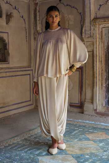 Buy Dash And Dot Off White Polyester Textured Cowl Draped Pant Online at Aza Fashions Buy_Dash And Dot_Off White Polyester Textured Cowl Draped Pant _Online_at_Aza_Fashions