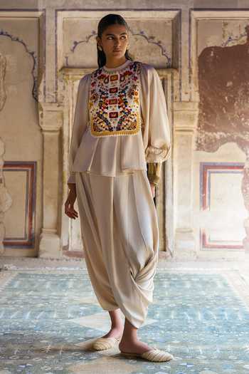 Dash And Dot Off White Polyester Textured Cowl Draped Pant at Aza Fashions Dash And Dot_Off White Polyester Textured Cowl Draped Pant _at_Aza_Fashions