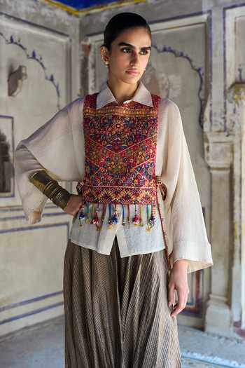 Dash And Dot Multi Color Polyester Embroidered Bib Top at Aza Fashions Dash And Dot_Multi Color Polyester Embroidered Bib Top _at_Aza_Fashions