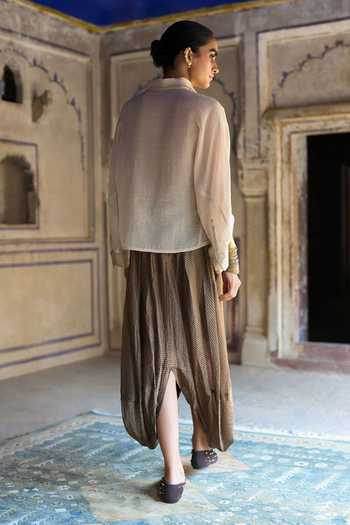 Dash And Dot Gold Silk, Cotton, Viscose, Lurex Embroidered Bib And Cowl Draped Pant Set Online at Aza Fashions Dash And Dot_Gold Silk, Cotton, Viscose, Lurex Embroidered Bib And Cowl Draped Pant Set _Online_at_Aza_Fashions