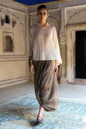 Buy Dash And Dot Gold Silk, Cotton, Viscose, Lurex Embroidered Bib And Cowl Draped Pant Set Online at Aza Fashions Buy_Dash And Dot_Gold Silk, Cotton, Viscose, Lurex Embroidered Bib And Cowl Draped Pant Set _Online_at_Aza_Fashions