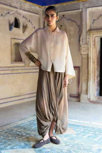 Shop Dash And Dot Gold Silk, Cotton, Viscose, Lurex Embroidered Bib And Cowl Draped Pant Set Online at Aza Fashions Shop_Dash And Dot_Gold Silk, Cotton, Viscose, Lurex Embroidered Bib And Cowl Draped Pant Set _Online_at_Aza_Fashions