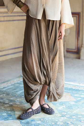 Dash And Dot Gold Silk, Cotton, Viscose, Lurex Embroidered Bib And Cowl Draped Pant Set at Aza Fashions Dash And Dot_Gold Silk, Cotton, Viscose, Lurex Embroidered Bib And Cowl Draped Pant Set _at_Aza_Fashions