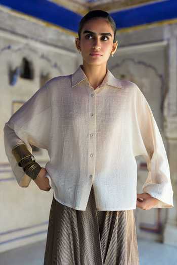 Buy Dash And Dot Gold Silk, Cotton, Viscose, Lurex Embroidered Bib And Cowl Draped Pant Set Buy_Dash And Dot_Gold Silk, Cotton, Viscose, Lurex Embroidered Bib And Cowl Draped Pant Set