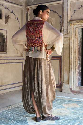 Dash And Dot Embroidered Bib & Cowl Draped Pant Set 