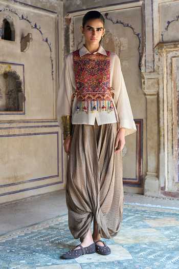 Shop Dash And Dot Gold Silk, Cotton, Viscose, Lurex Embroidered Bib And Cowl Draped Pant Set Shop_Dash And Dot_Gold Silk, Cotton, Viscose, Lurex Embroidered Bib And Cowl Draped Pant Set