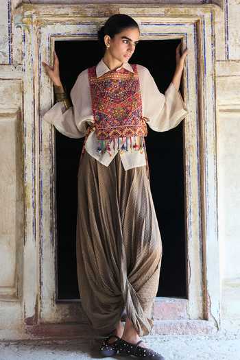 Dash And Dot Embroidered Bib & Cowl Draped Pant Set 