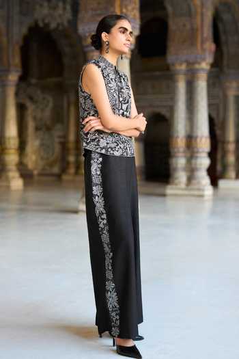 Dash And Dot_Black Viscose Mandarin Collar Metallic Thread Embroidered Waistcoat _Online_at_Aza_Fashions