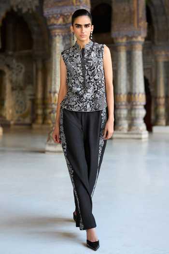 Shop_Dash And Dot_Black Viscose Mandarin Collar Metallic Thread Embroidered Waistcoat _Online_at_Aza_Fashions