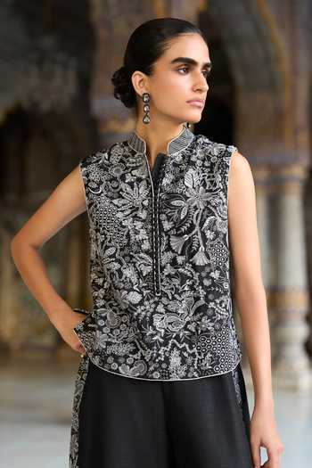 Dash And Dot_Black Viscose Mandarin Collar Metallic Thread Embroidered Waistcoat _at_Aza_Fashions